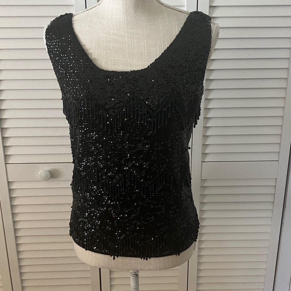 Vintage Black Beaded Sleeveless Top, 100% Wool, Made in Hong Kong like new